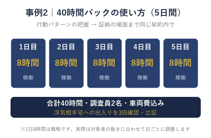 事例2の40時間パックの使い方:5日間・各8時間目安・調査員2名・車両費込み