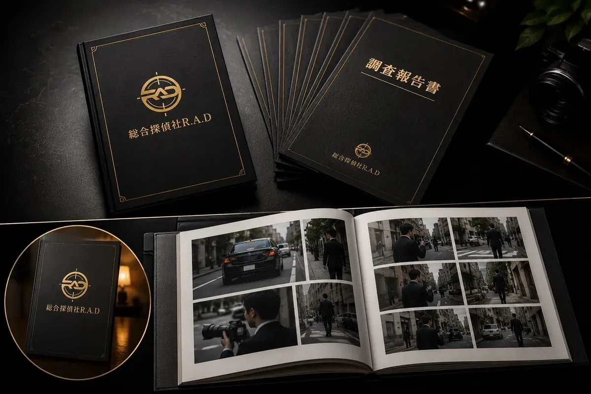 総合探偵社R.A.Dの調査報告書。時系列の写真を綴じた製本版