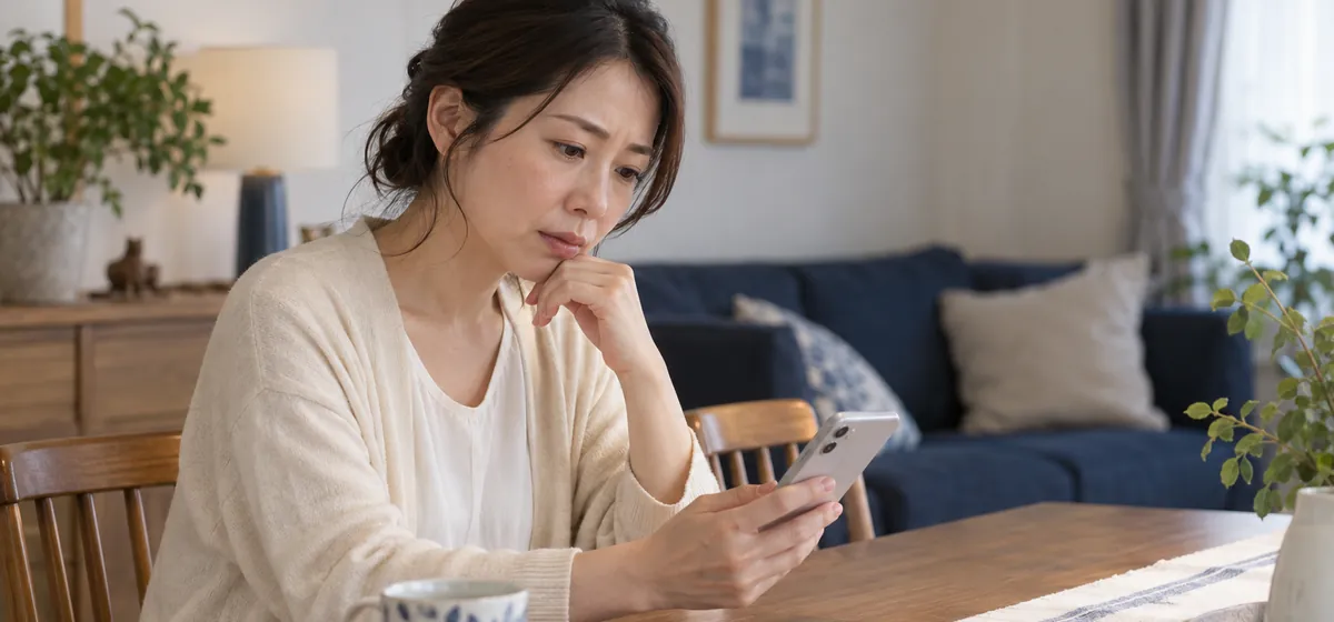 スマートフォンを手に、相談しようか迷う女性