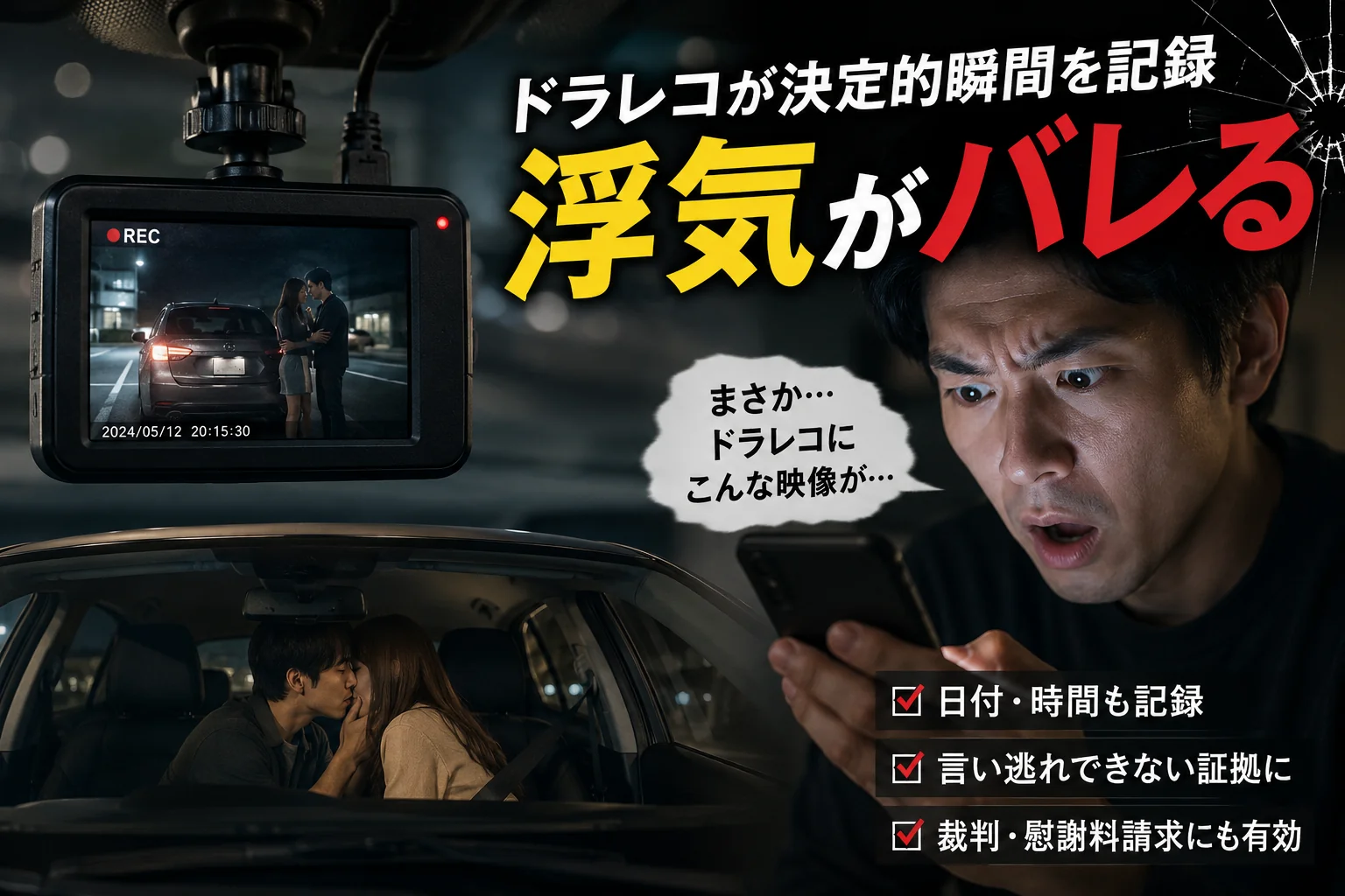 ドライブレコーダーの録画映像から浮気が発覚する瞬間のイメージ
