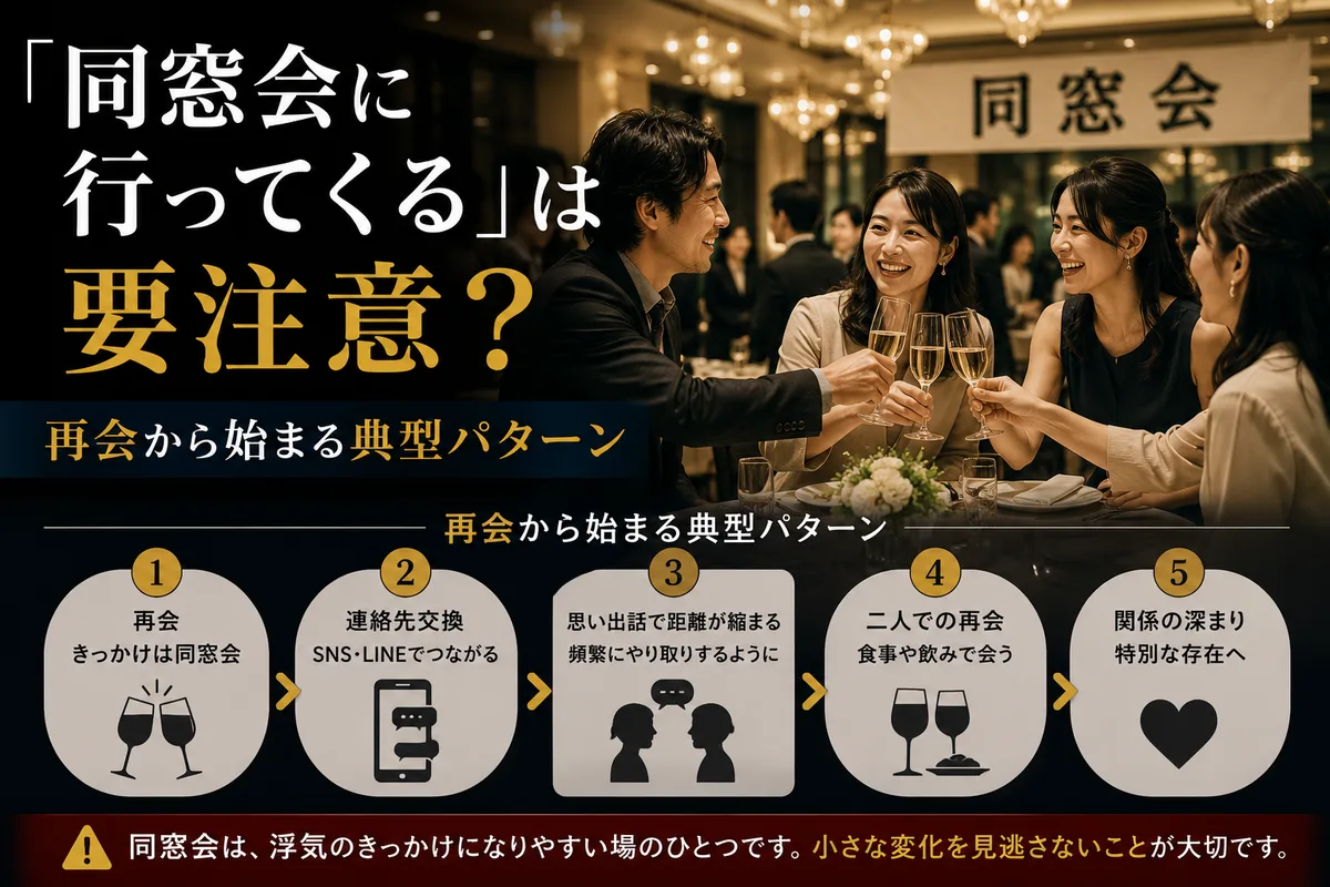 「同窓会に行ってくる」は要注意？再会から始まる浮気の典型パターンと見抜き方｜総合探偵社R.A.D