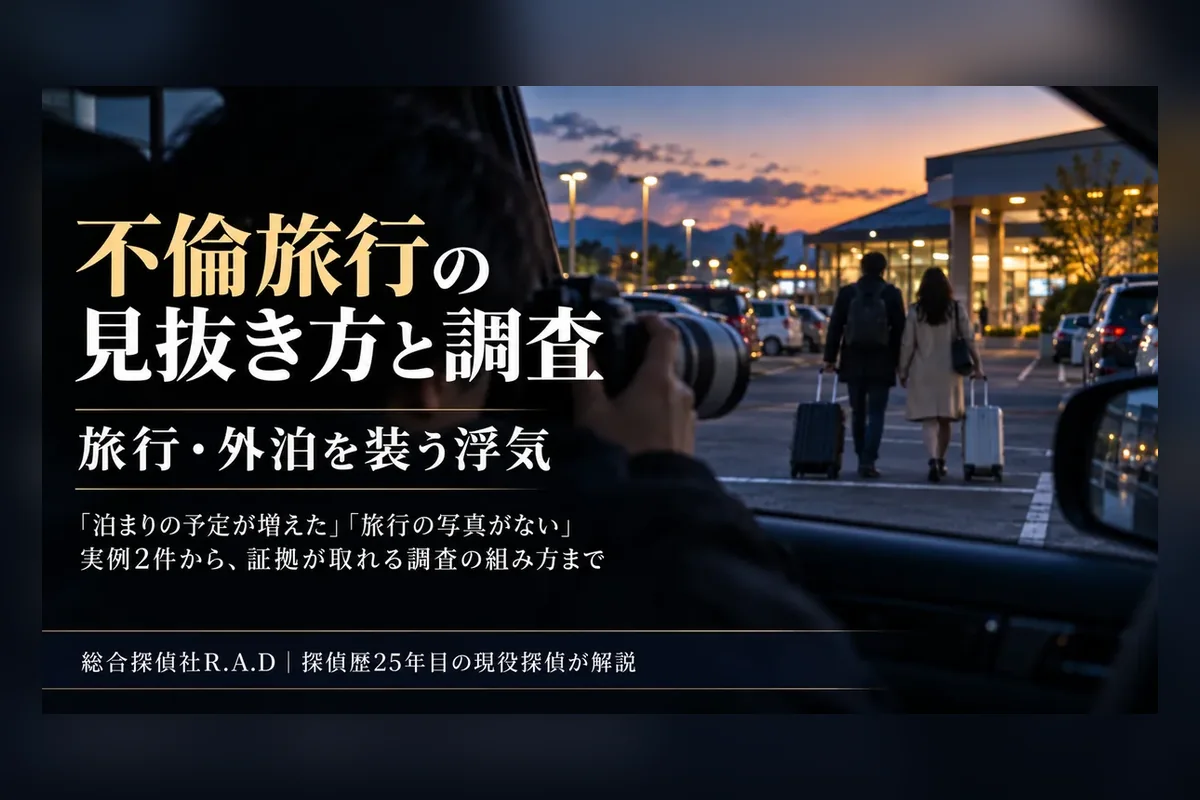 不倫旅行の見抜き方と探偵の調査方法|旅行・外泊を装う浮気の実例2件と費用