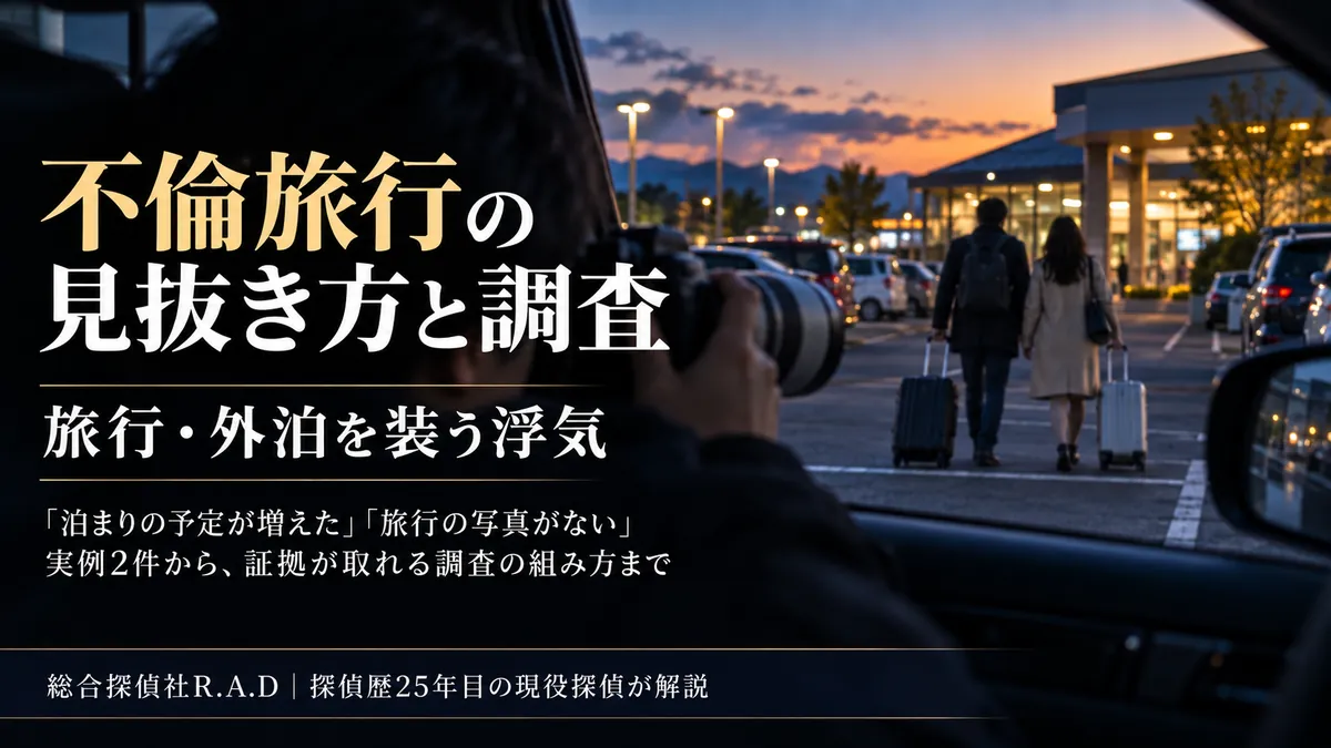 旅行を装った不倫を、サービスエリアの駐車場から望遠で確認する探偵