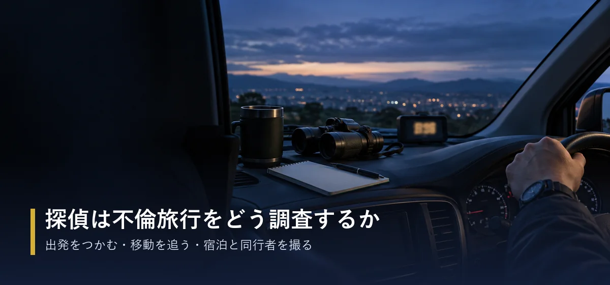 夜明け前の車内で待機する調査員の車