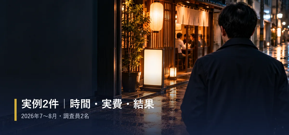 夜の繁華街で店の入口を見る探偵