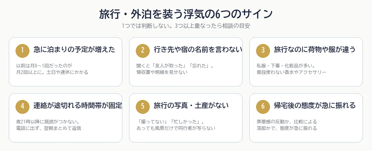 旅行・外泊を装う浮気の6つのサイン:泊まりの急増・行き先を言わない・荷物が違う・連絡が途切れる時間帯・写真がない・帰宅後の態度