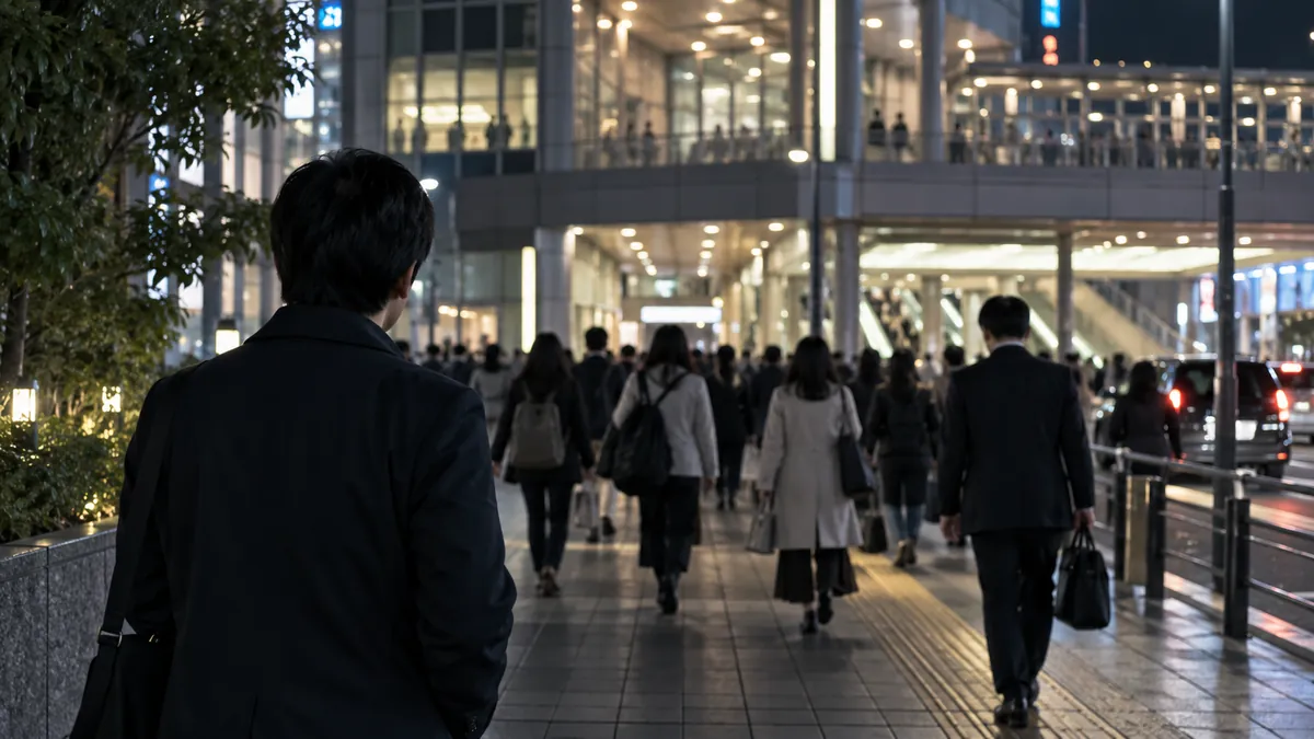 夜の駅前の人混みを少し離れて見ている男性の後ろ姿