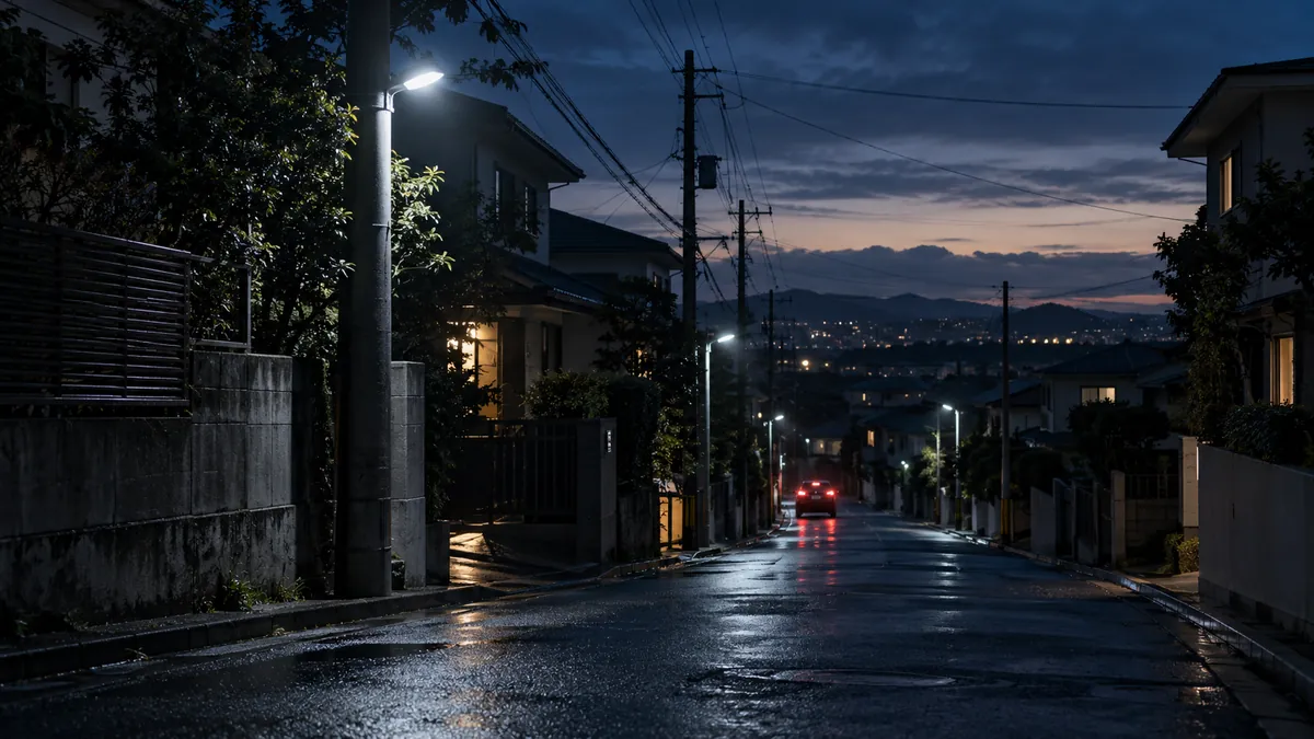 夜明け前の住宅街と遠くに停まる車