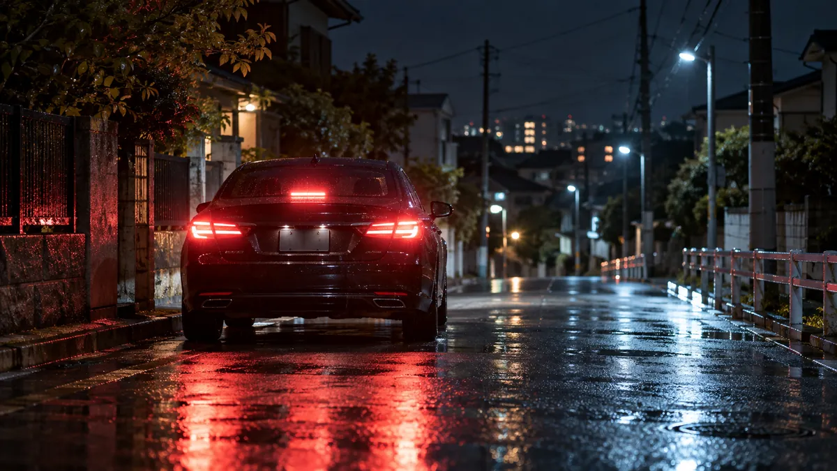 雨上がりの夜、路肩に停まるセダンのブレーキランプ