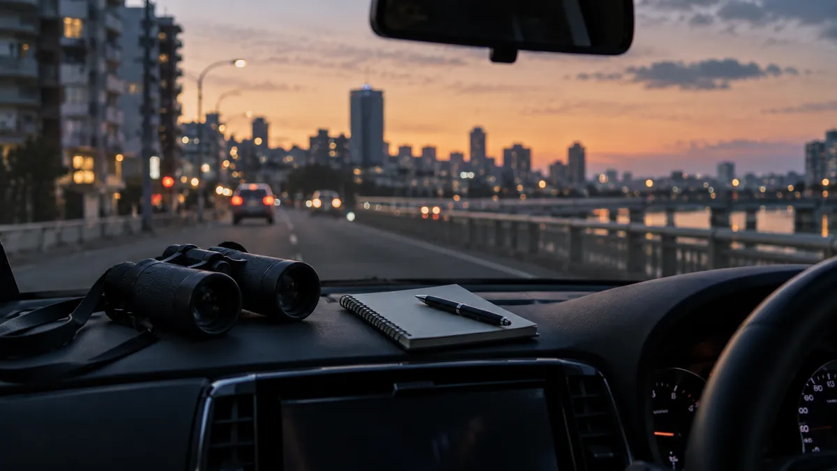 夕方の車内、ダッシュボードの双眼鏡とメモ帳