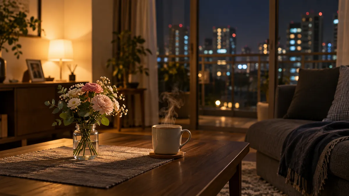 夜のリビングのテーブルに置かれた小さな花束とマグカップ