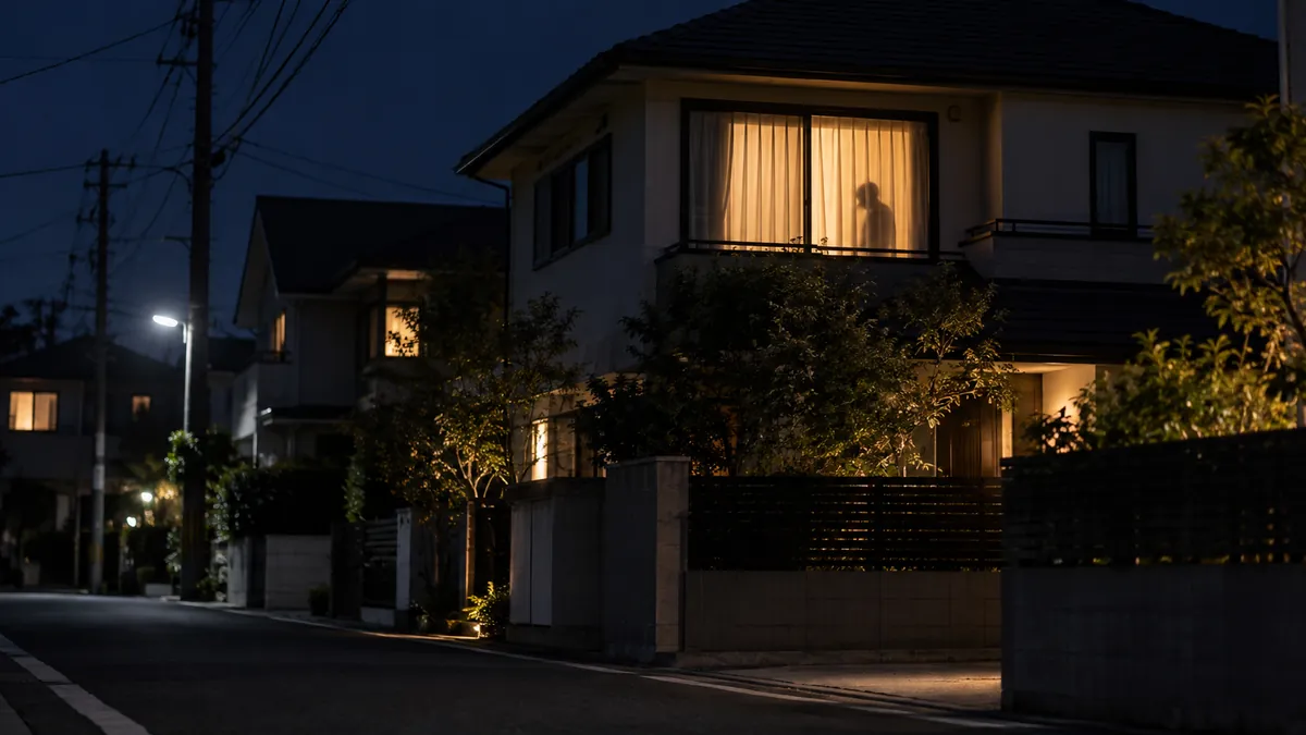 夜の住宅の窓に映るカーテン越しの人影