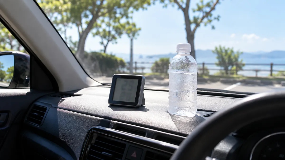 真夏の車内、ダッシュボードの温度計と水のボトル