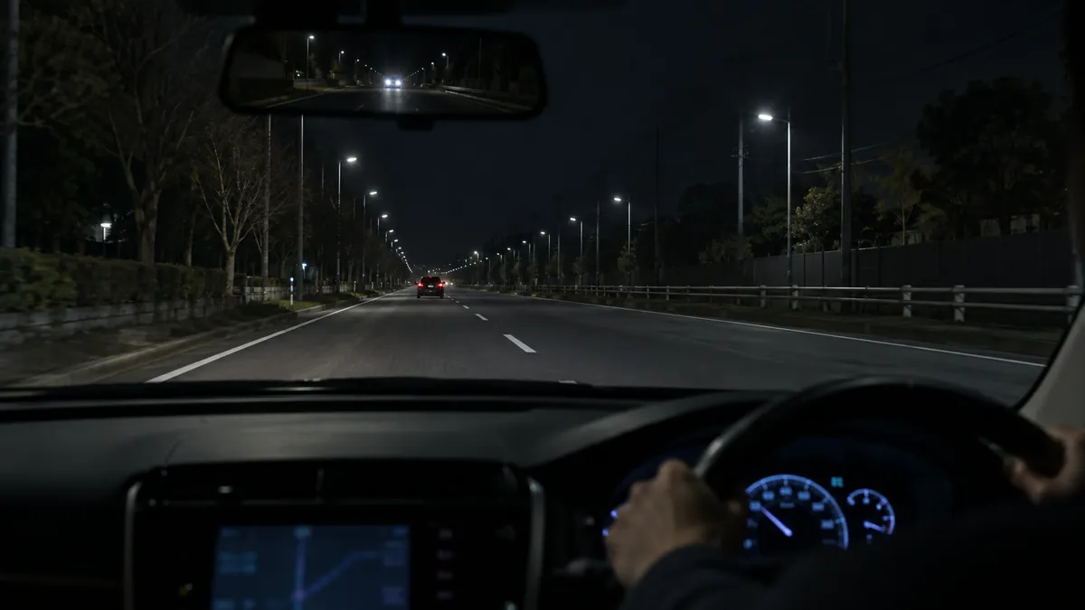 深夜の幹線道路、前を走る車のテールランプ