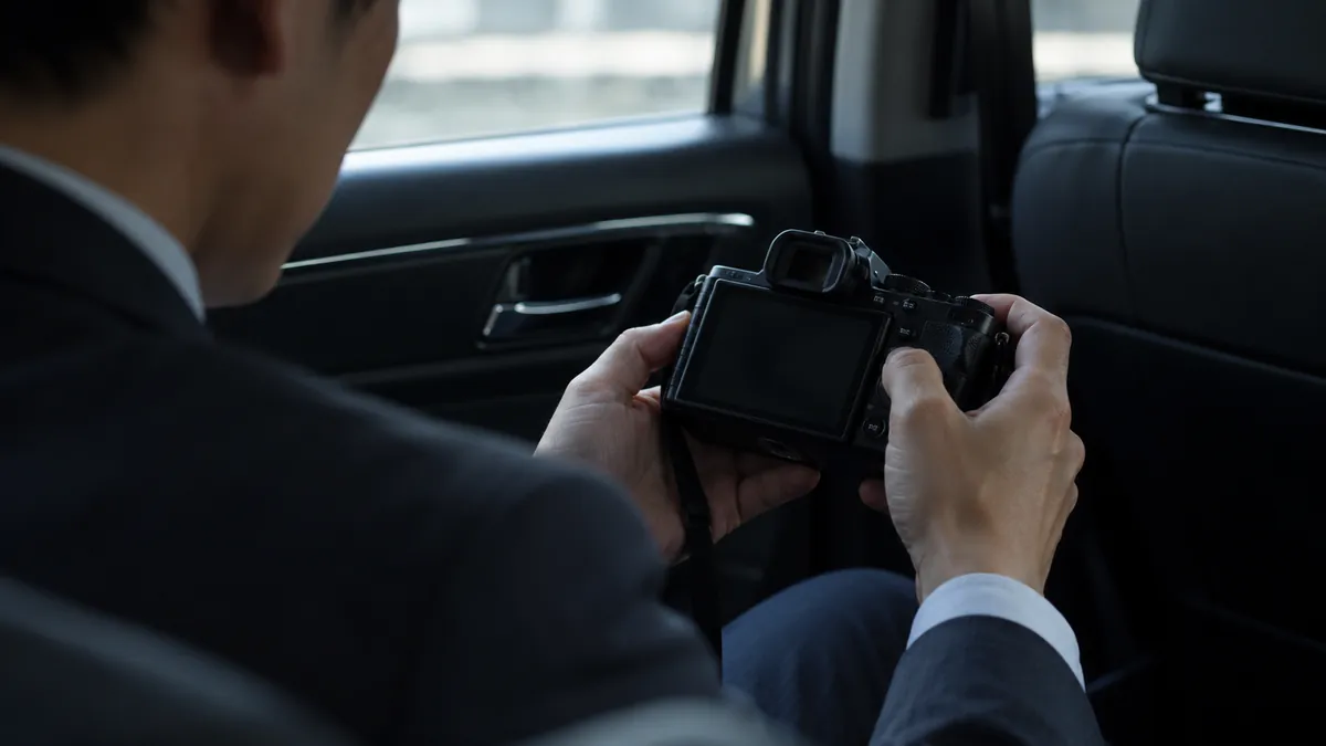 車内でカメラの背面モニターを確認する手元