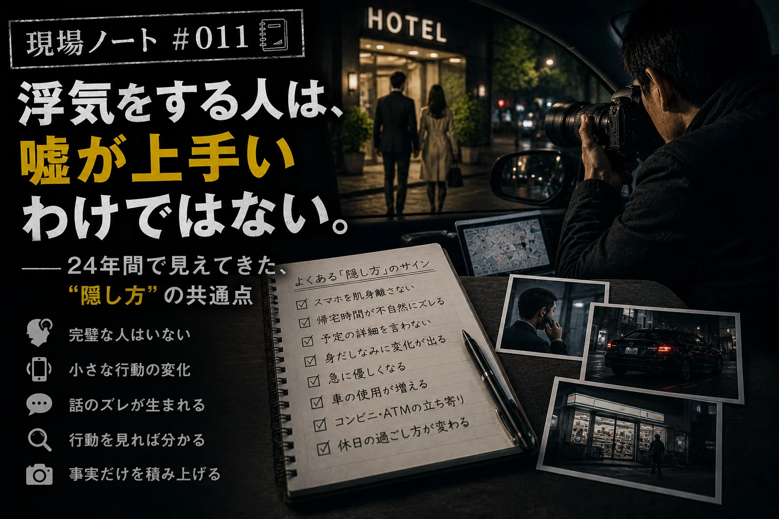 現場ノート#011｜車内から撮影する探偵と「隠し方のサイン」を記したチェックリスト