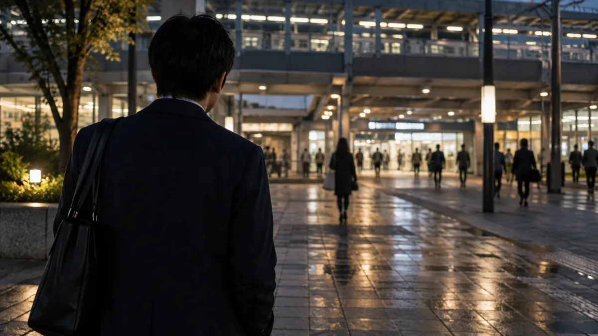 夕方の駅前、待ち合わせ場所で誰かを見つける直前の人物の後ろ姿
