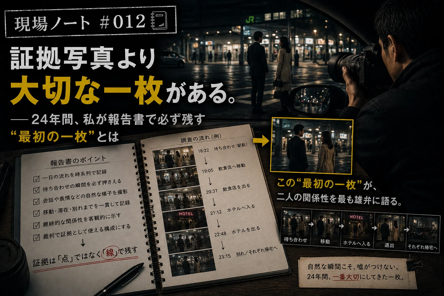 現場ノート#012｜駅前で待ち合わせる二人を車内から撮影する探偵と時系列の調査記録ノート