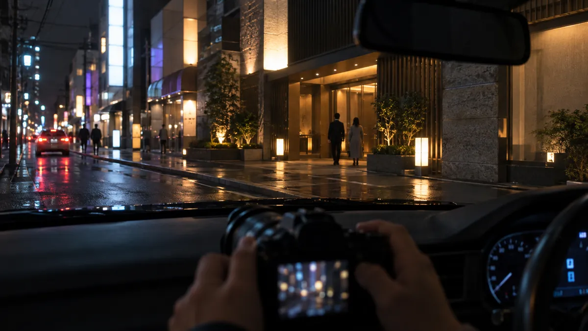 夜の車内から見た通りと、下ろしたカメラ