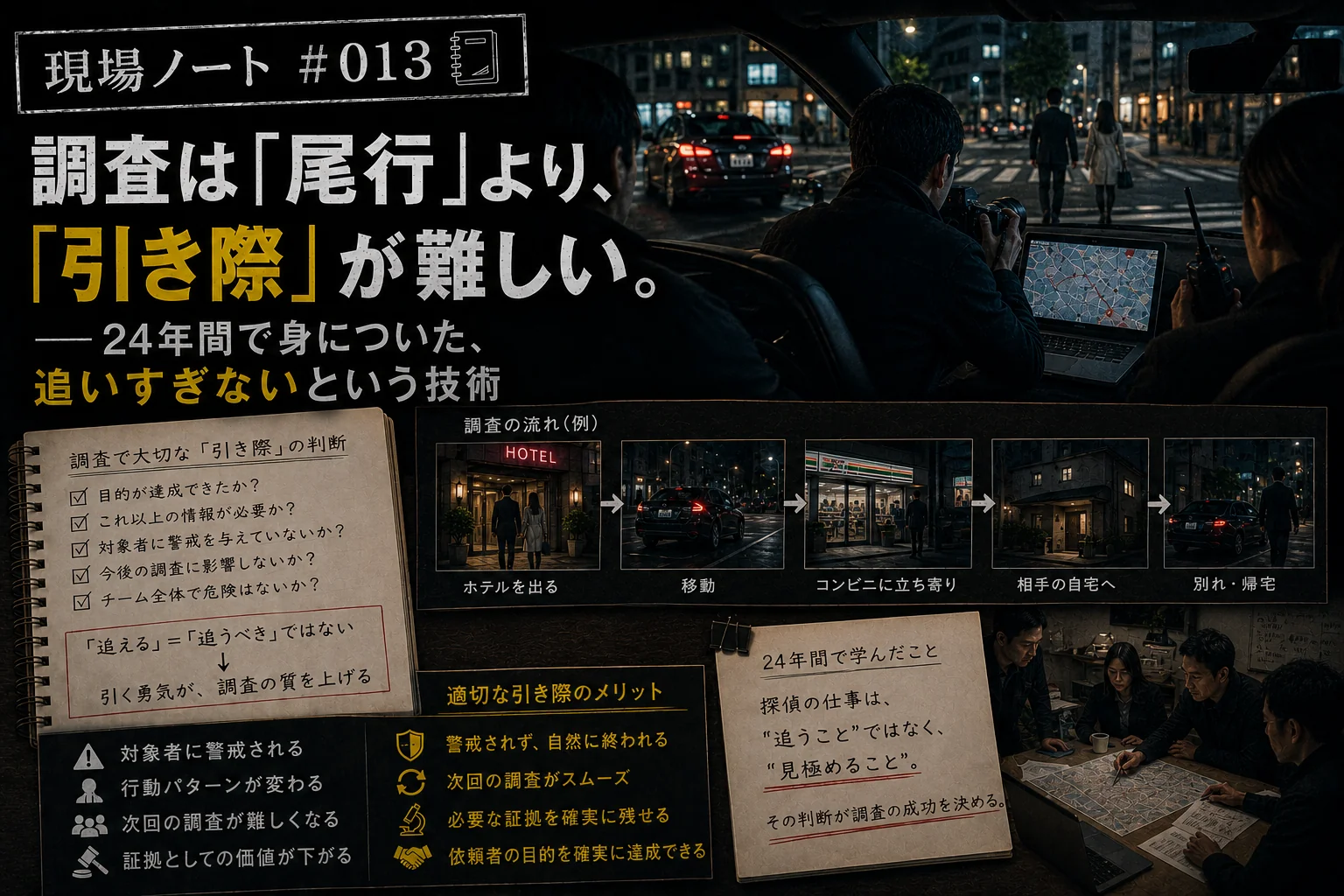 現場ノート#013｜夜の車内で調査を続ける探偵チームと「引き際の判断」を記したノート