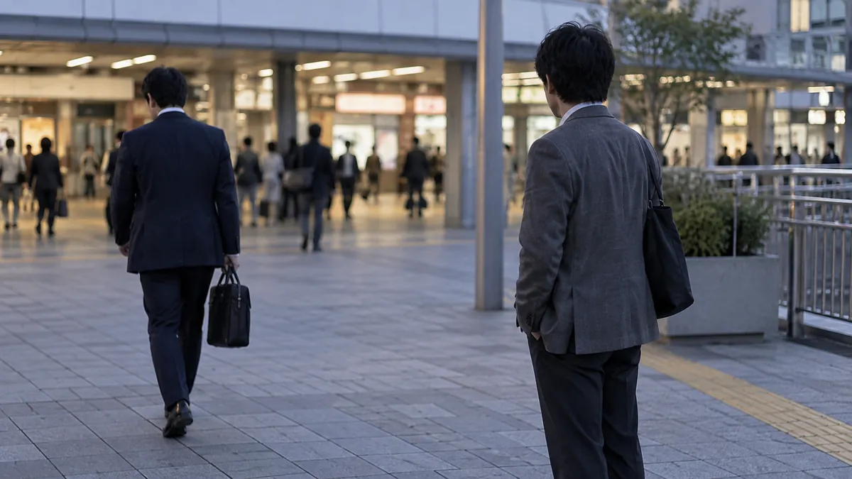 駅前で視線を合わせずにすれ違う二人の男性