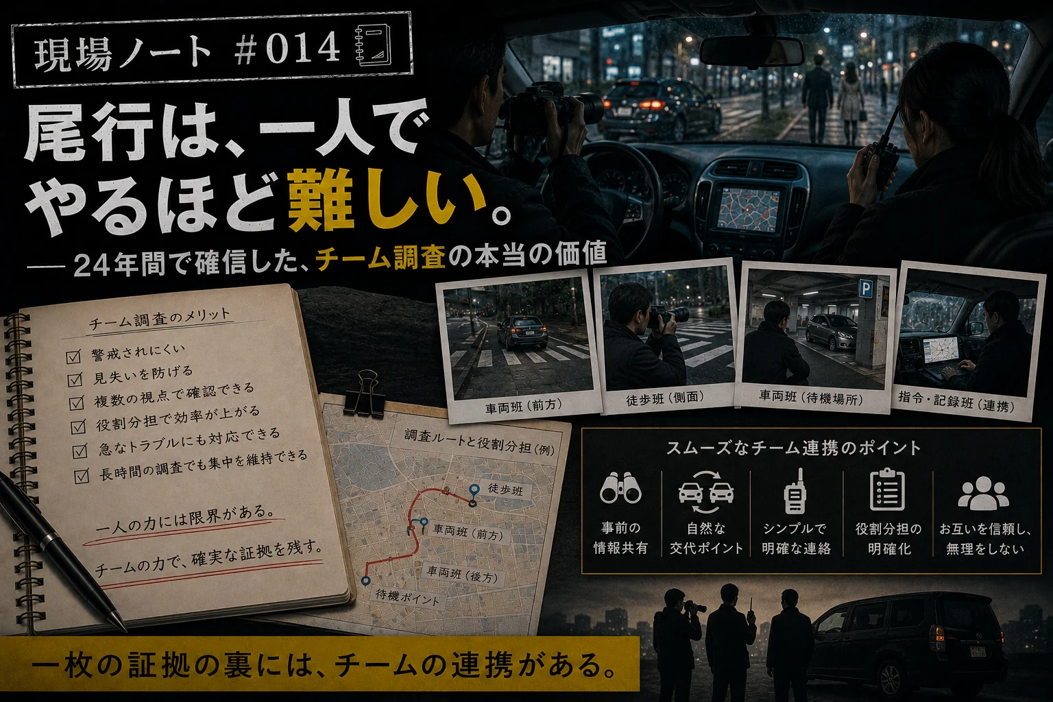 現場ノート#014｜車両班と徒歩班が連携するチーム調査と役割分担を記したノート