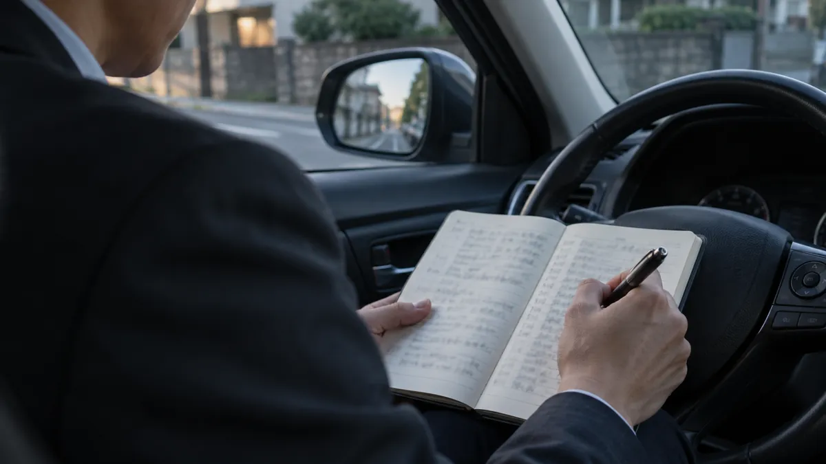 車内でノートに時刻と行動を書き込む手元
