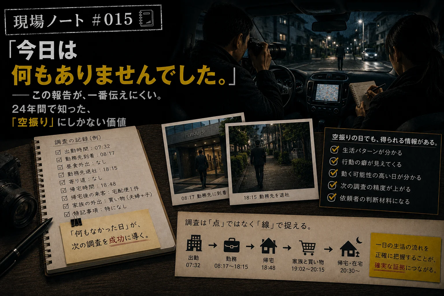 現場ノート#015｜空振り調査の日の行動記録ノートと夜の住宅街を見張る調査員