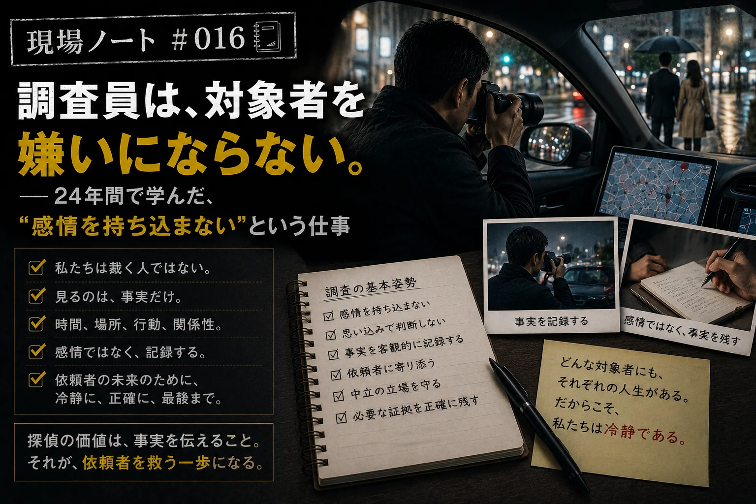 現場ノート#016｜雨の夜の車内から記録する調査員と「調査の基本姿勢」を記したノート