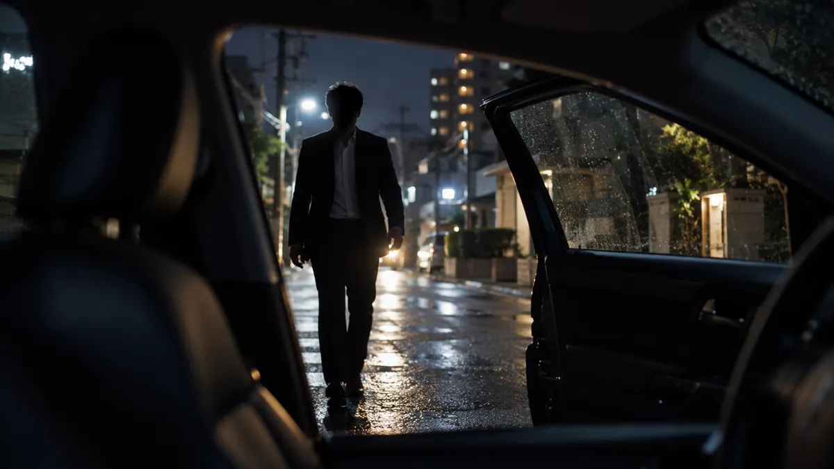 夜の路上、車を降りてこちらへ歩いてくる人物のシルエット