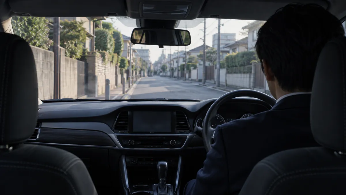 車内で正面を向いたまま座る調査員の後頭部