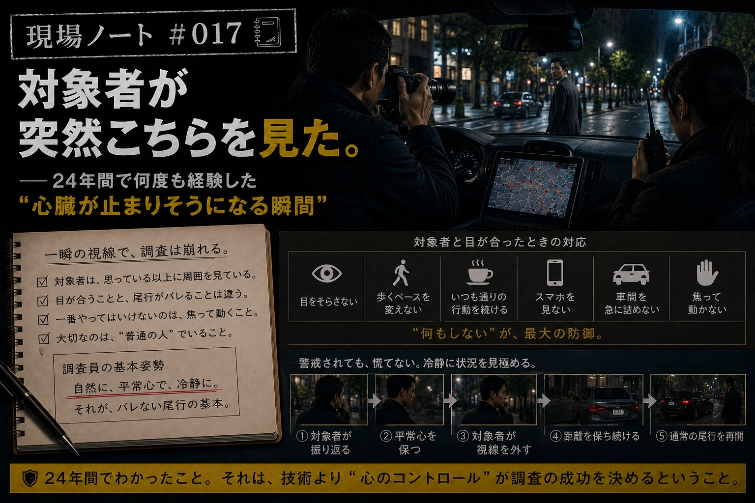 現場ノート#017｜振り返る対象者と車内で平常心を保つ調査員——目が合ったときの対応ノート