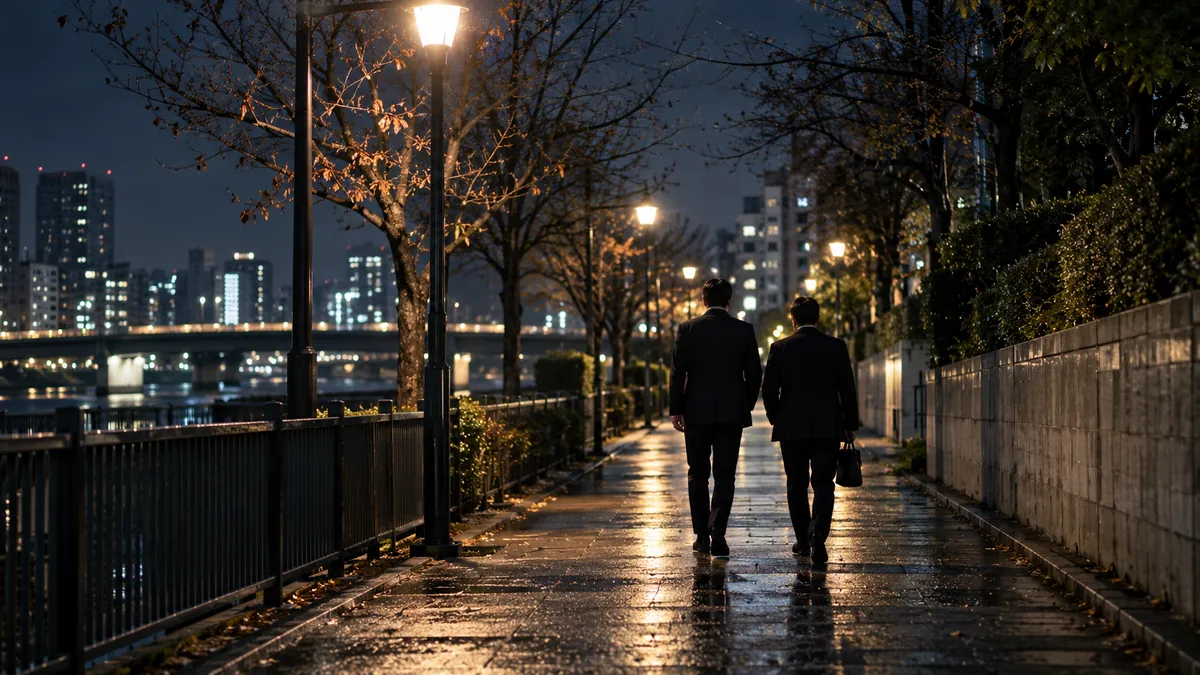 街灯の下を並んで歩く二人の後ろ姿