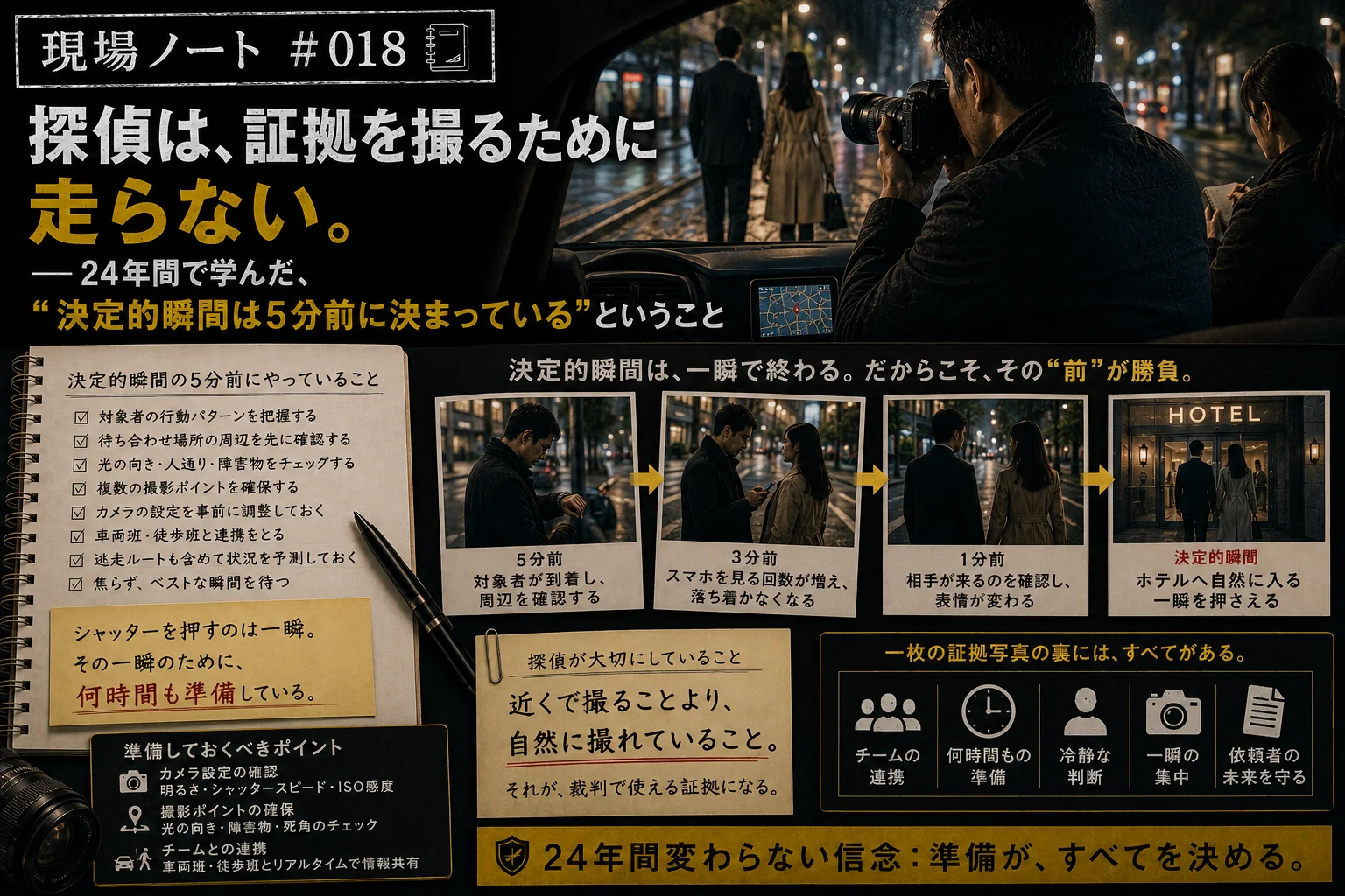 現場ノート#018｜決定的瞬間の5分前——車内で状況を整え待つ調査員と準備チェックリスト