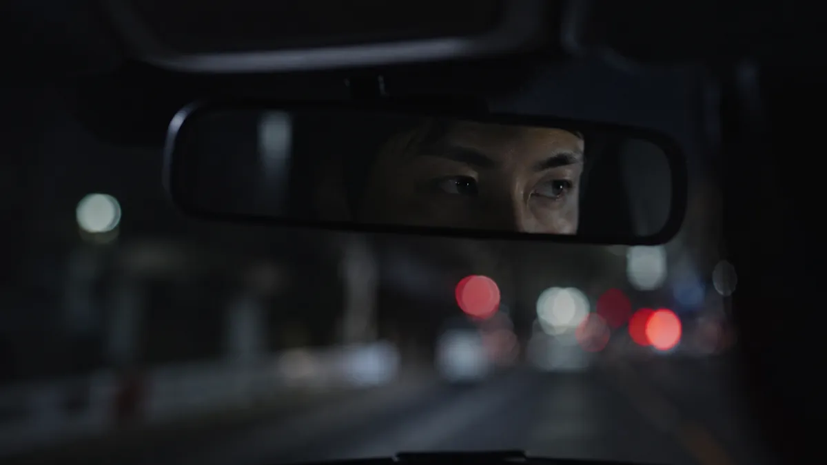 車内のバックミラーに映る調査員の目元