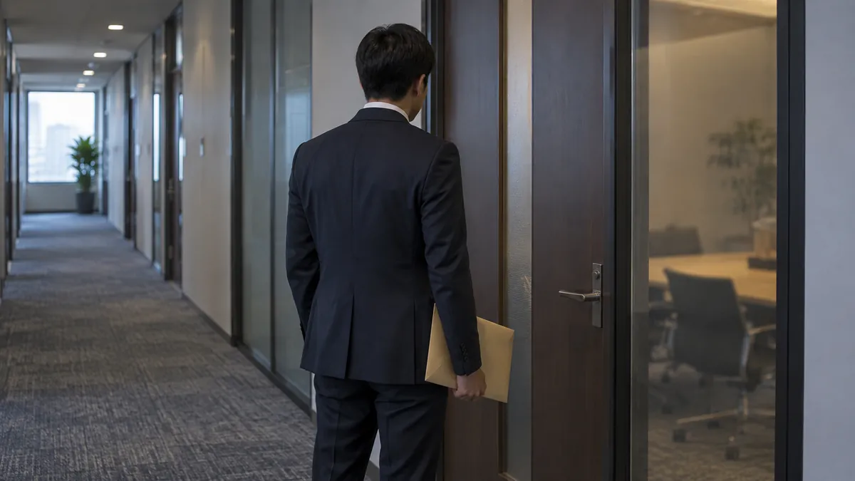 面談室のドアの前に立つ男性の後ろ姿