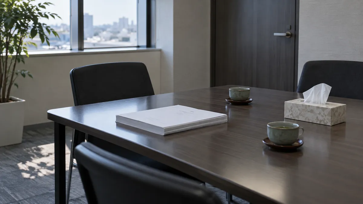 面談室のテーブルに置かれた報告書とティッシュとお茶