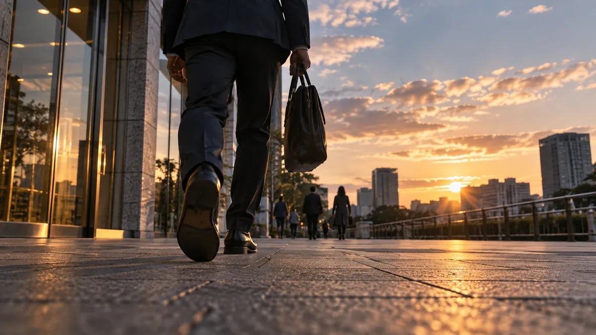 事務所を出た先の夕方の空と歩き出す足元