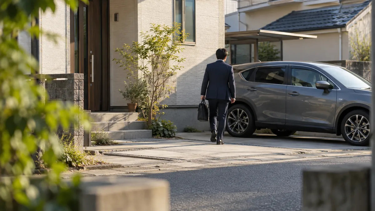 朝の住宅街で、いつもと違う場所に停まっている自家用車