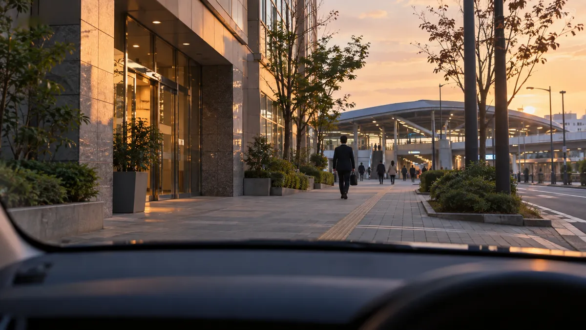 夕方の車内。フロントガラス越しに、勤務先のビルから出てきた人がそのまま駅方向へ歩いていく遠景