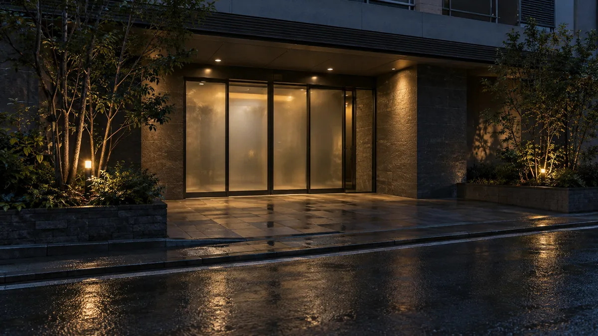 夜のマンションのエントランスを道路の向かいから。自動ドアが閉まった直後、中は見えない。人物なし