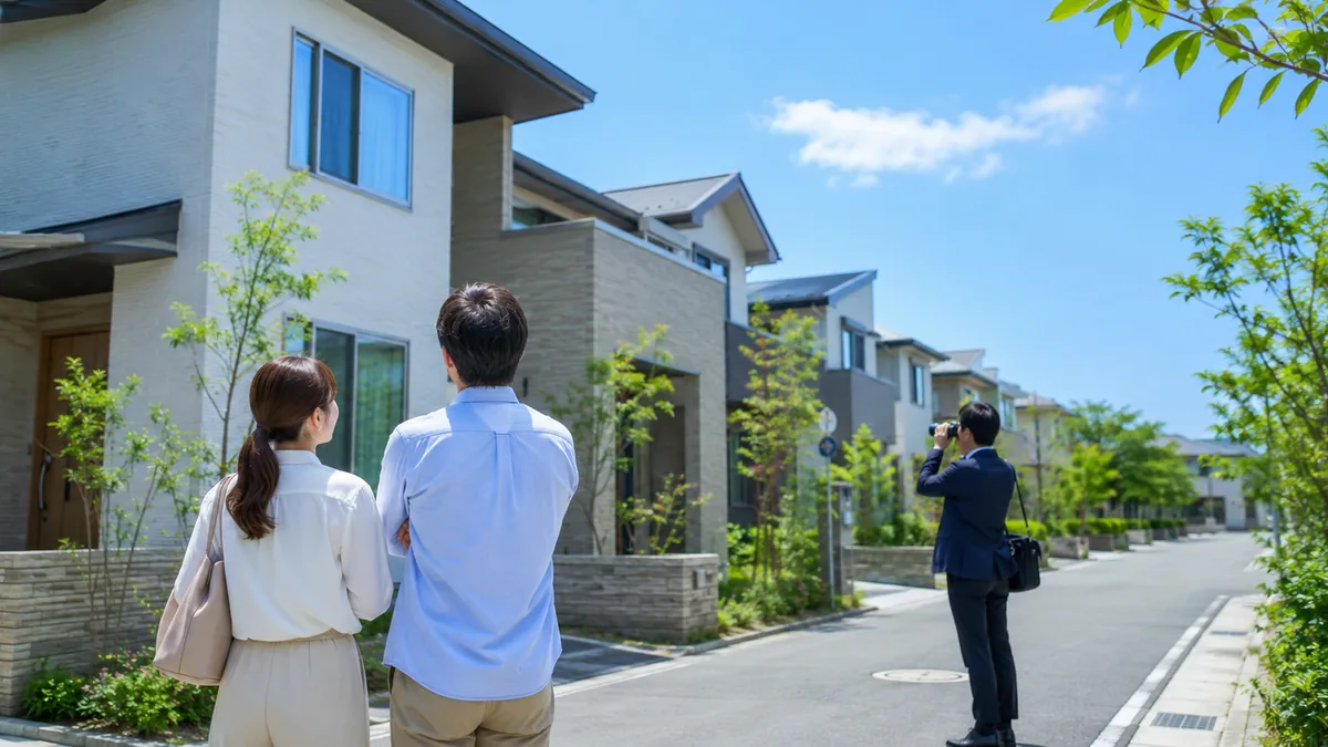 購入を検討する戸建て住宅街と、近隣を調査する探偵