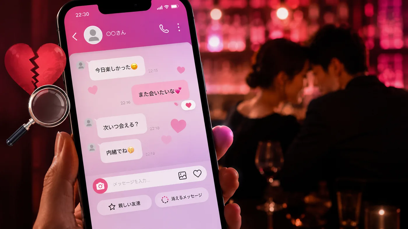 SNSのDMチャット画面とハートのやり取り、背景で密会するカップル——Instagram DM不倫・浮気のイメージ