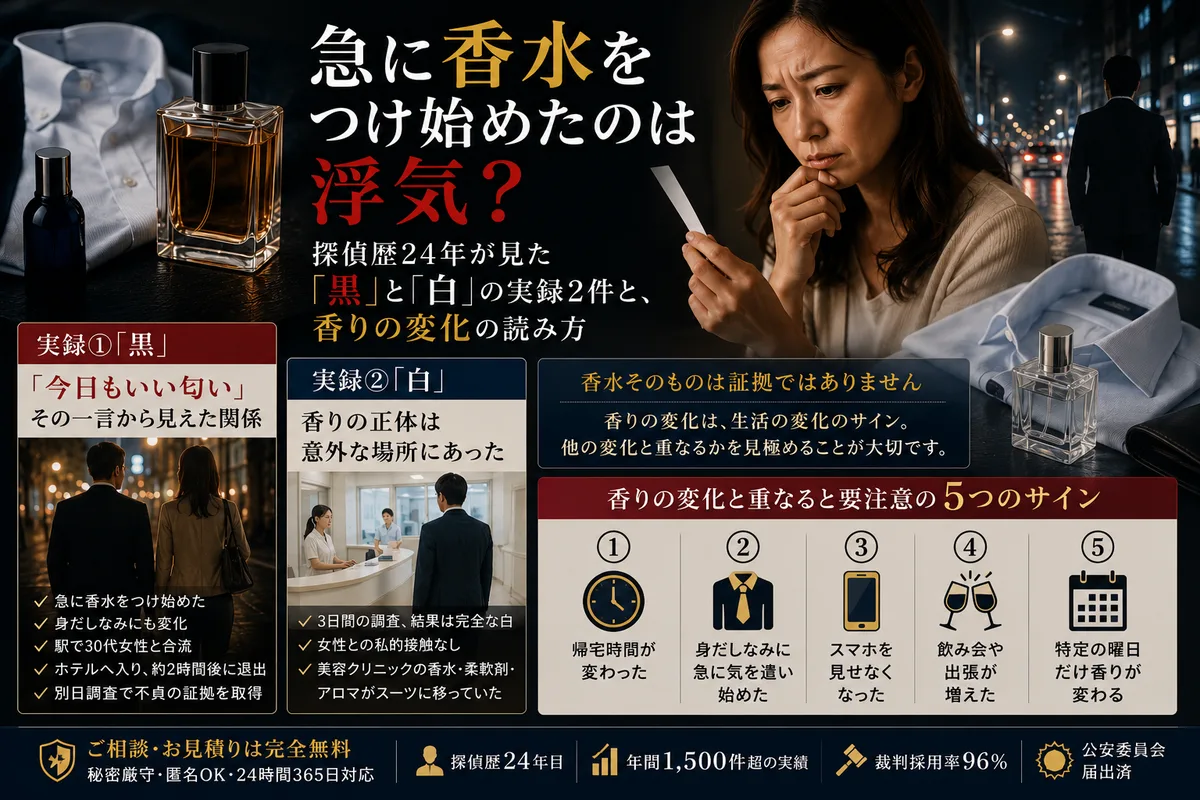 急に香水をつけ始めたのは浮気?探偵歴24年が見た黒と白の実録2件と香りの変化の読み方|総合探偵社R.A.D
