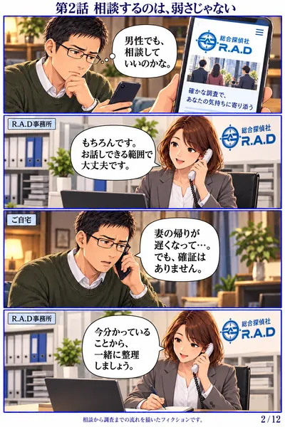 男性依頼者編 第2話 相談するのは、弱さじゃない。男性が自宅から電話をかけ、R.A.Dの相談員が事務所で相談を受ける