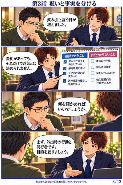 男性依頼者編 第3話 疑いと事実を分ける。男性と相談員が、確認できている出来事と調査の目的を整理する