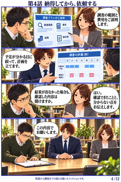 男性依頼者編 第4話 納得してから、依頼する。調査内容と見積りを確認し、男性が依頼を決める