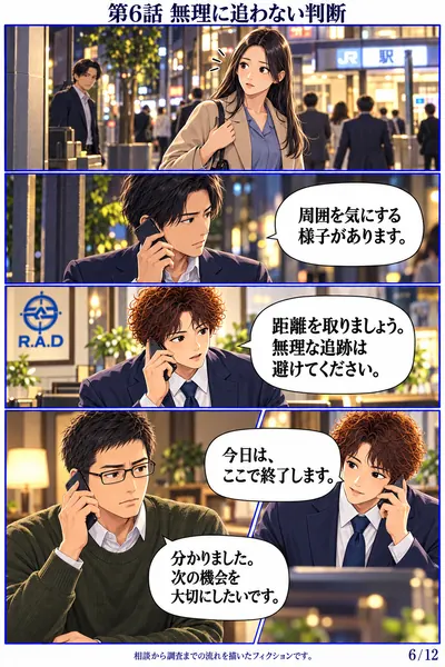男性依頼者編 第6話 無理に追わない判断。調査員が状況を見て、無理な追跡を避ける
