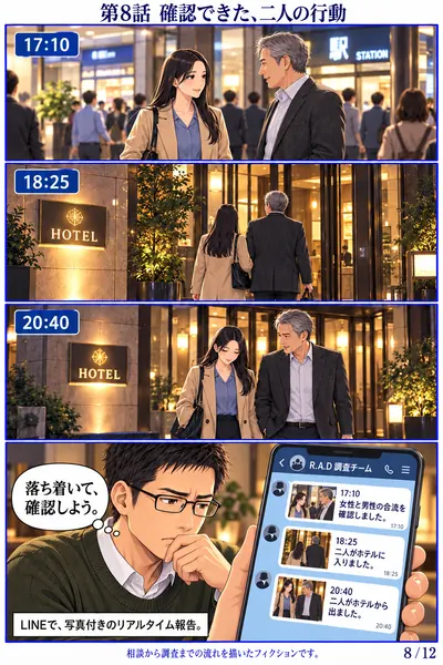 男性依頼者編 第8話 確認できた、二人の行動。男性がLINEで写真付きのリアルタイム報告を受け取る