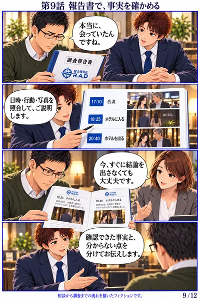 男性依頼者編 第9話 報告書で、事実を確かめる。男性がR.A.Dの報告書を開き、写真と時系列の記録を確認する